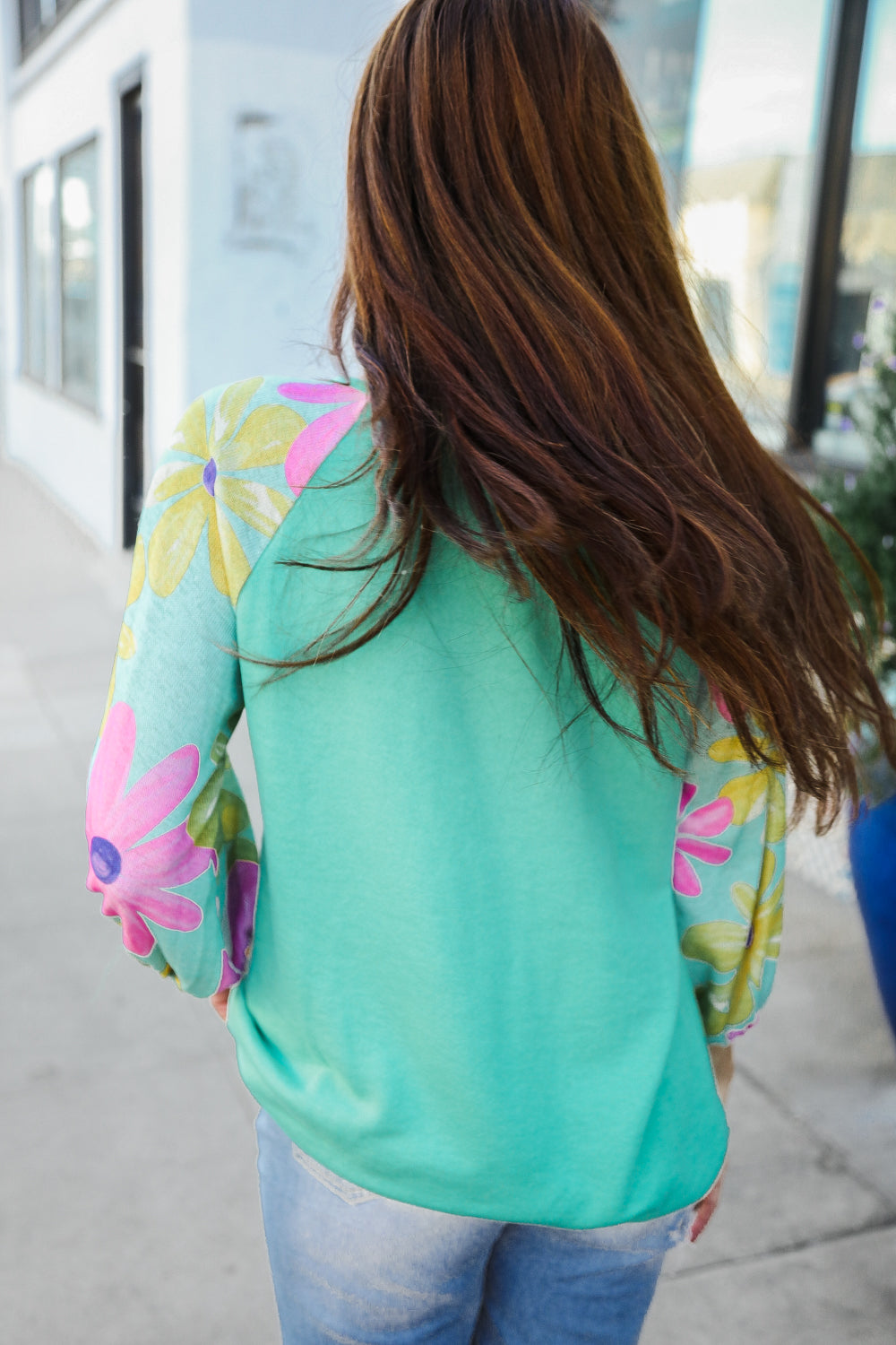 Sabina® | Flower Power Mint French Terry floral print color block sweater