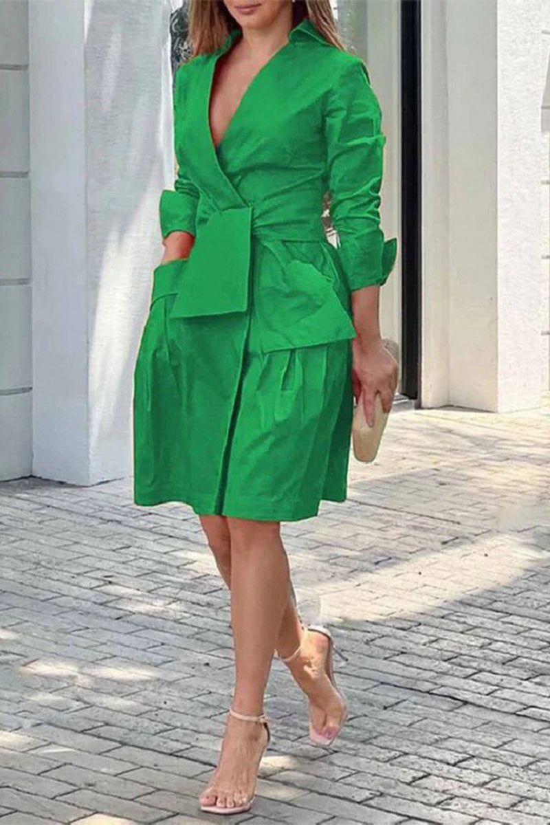 Clara® | Casual Street Solid Pocket Frenulum V-neck Suit Dress Dresses