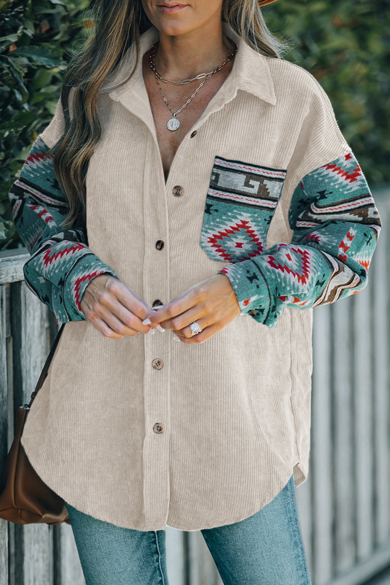 Fernanda® | Casual blouses with geometric print and pocket patchwork and contrast turn-down collar