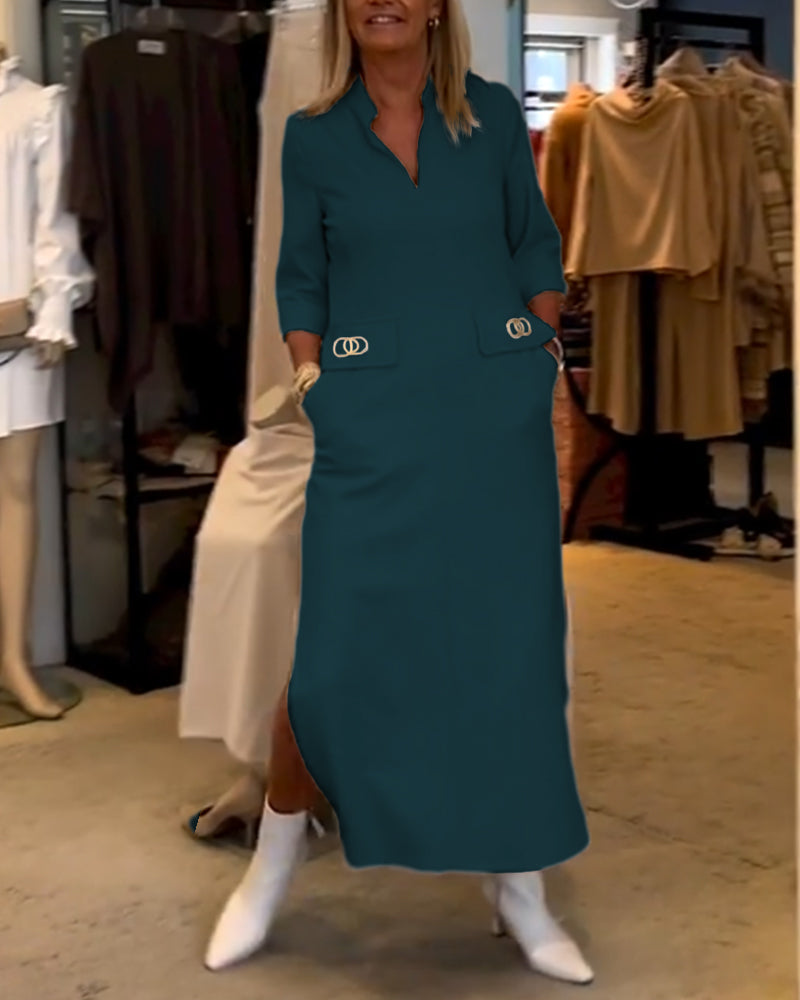 Adela® | Solid color slit dress with 3/4 sleeves