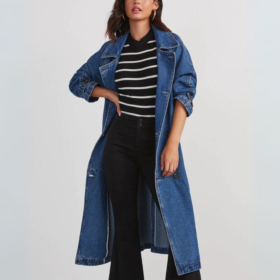 Long denim trench coat