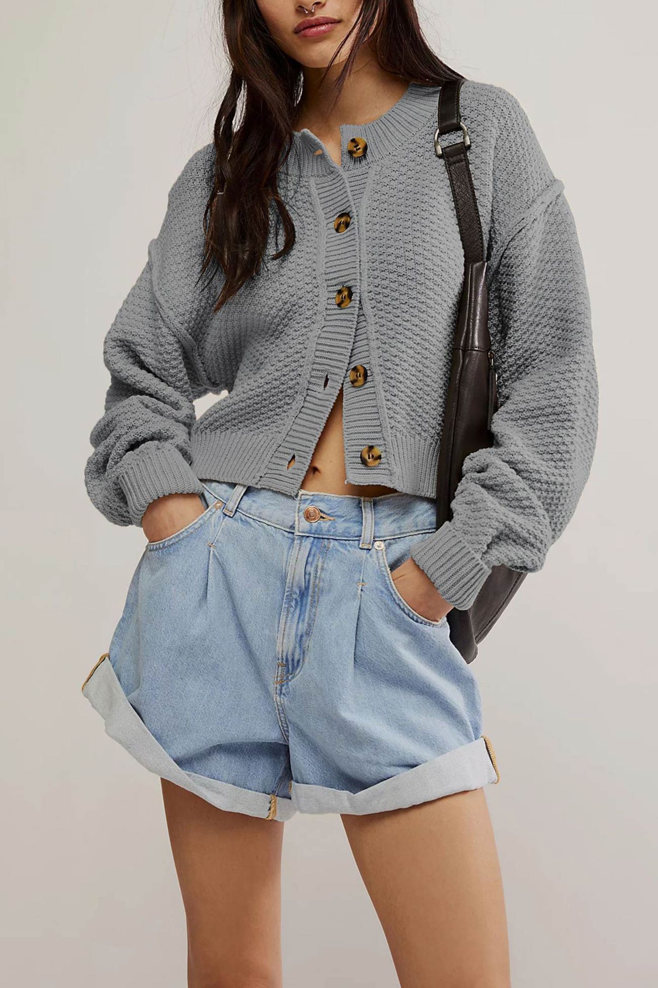 QONY™ - Casual Crop Lantern Sleeve Cardigan
