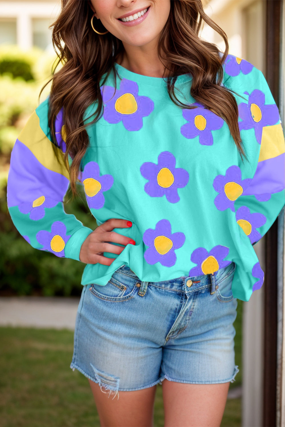 Jana® | Long-sleeved blouse with a contrasting floral crew neck