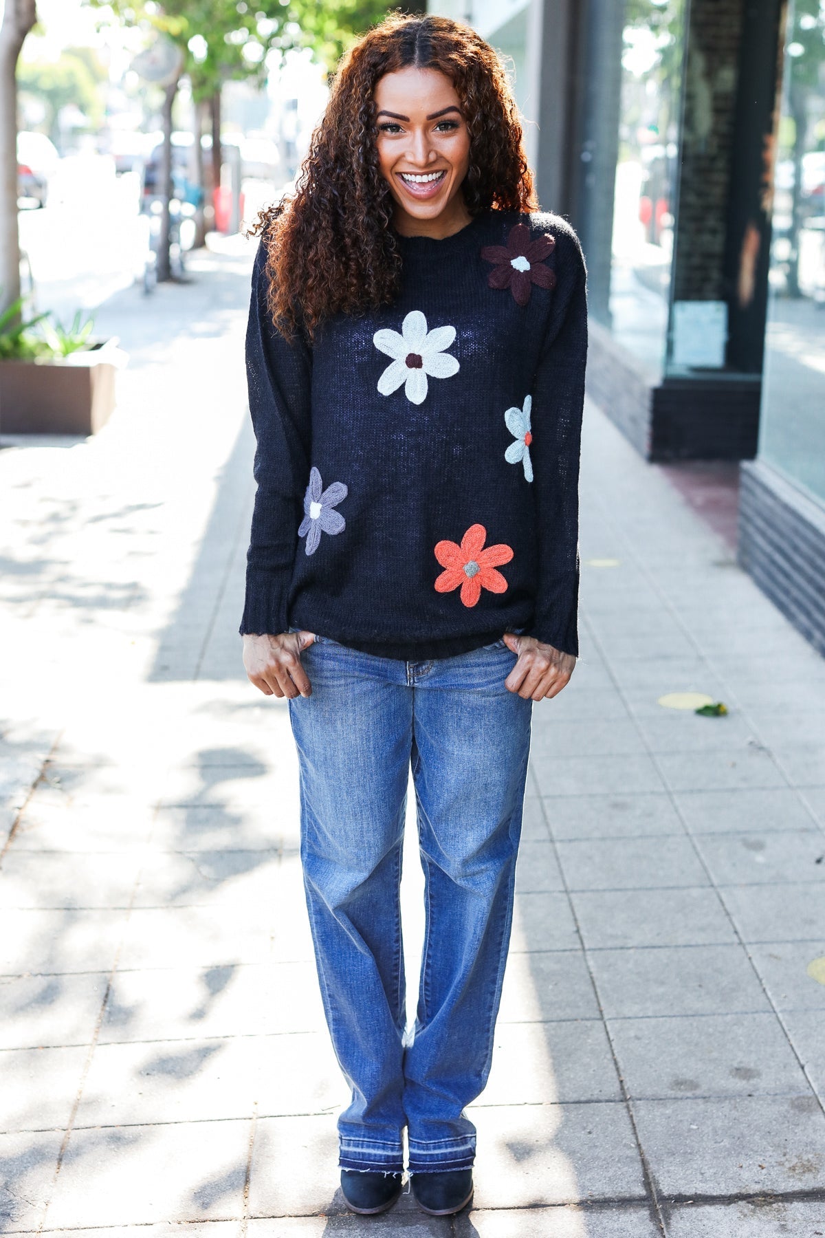 Luisa® | Eyes On You oversized knit sweater with floral patch in black