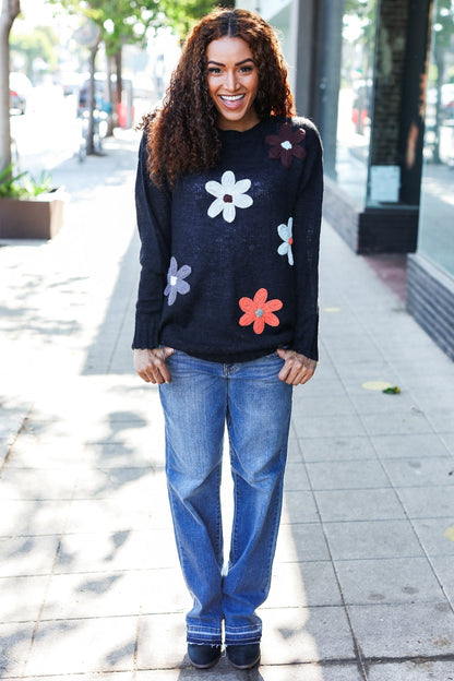 Luisa® | Eyes On You oversized knit sweater with floral patch in black