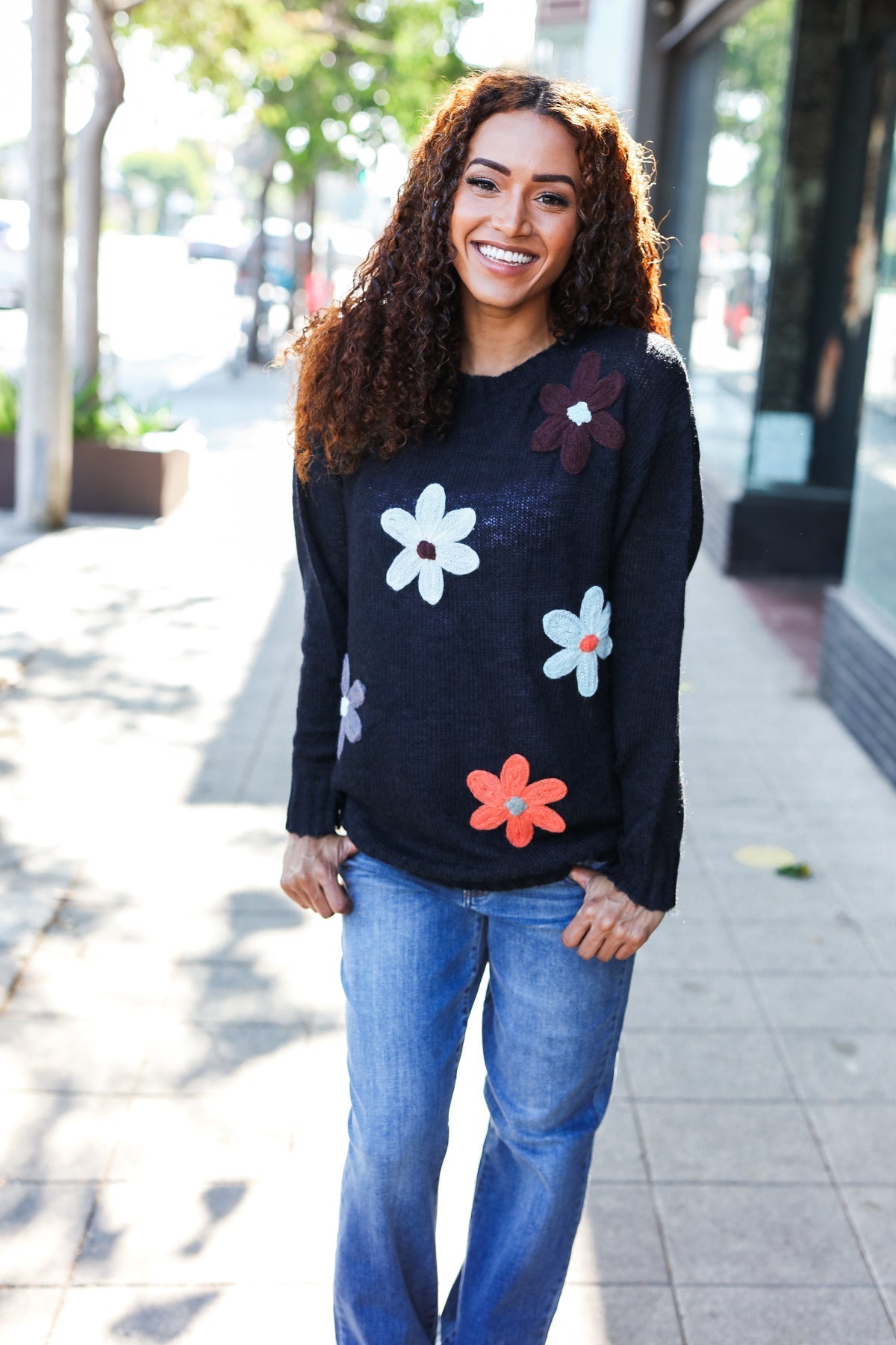 Luisa® | Eyes On You oversized knit sweater with floral patch in black