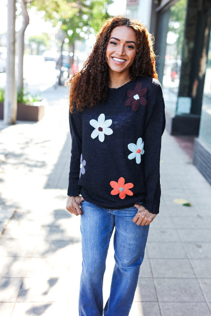 Luisa® | Eyes On You oversized knit sweater with floral patch in black
