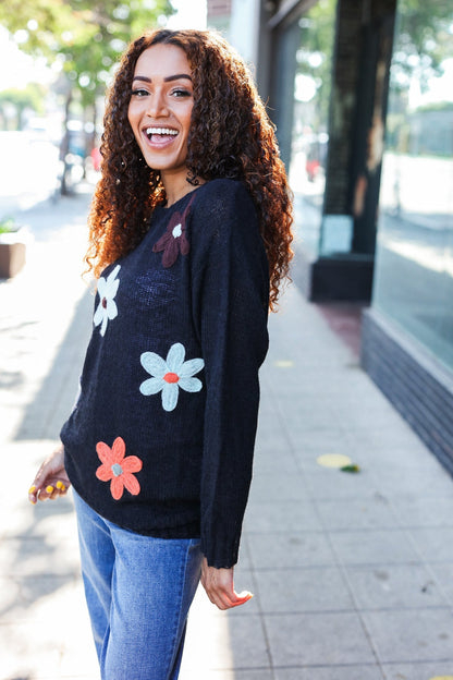 Luisa® | Eyes On You oversized knit sweater with floral patch in black