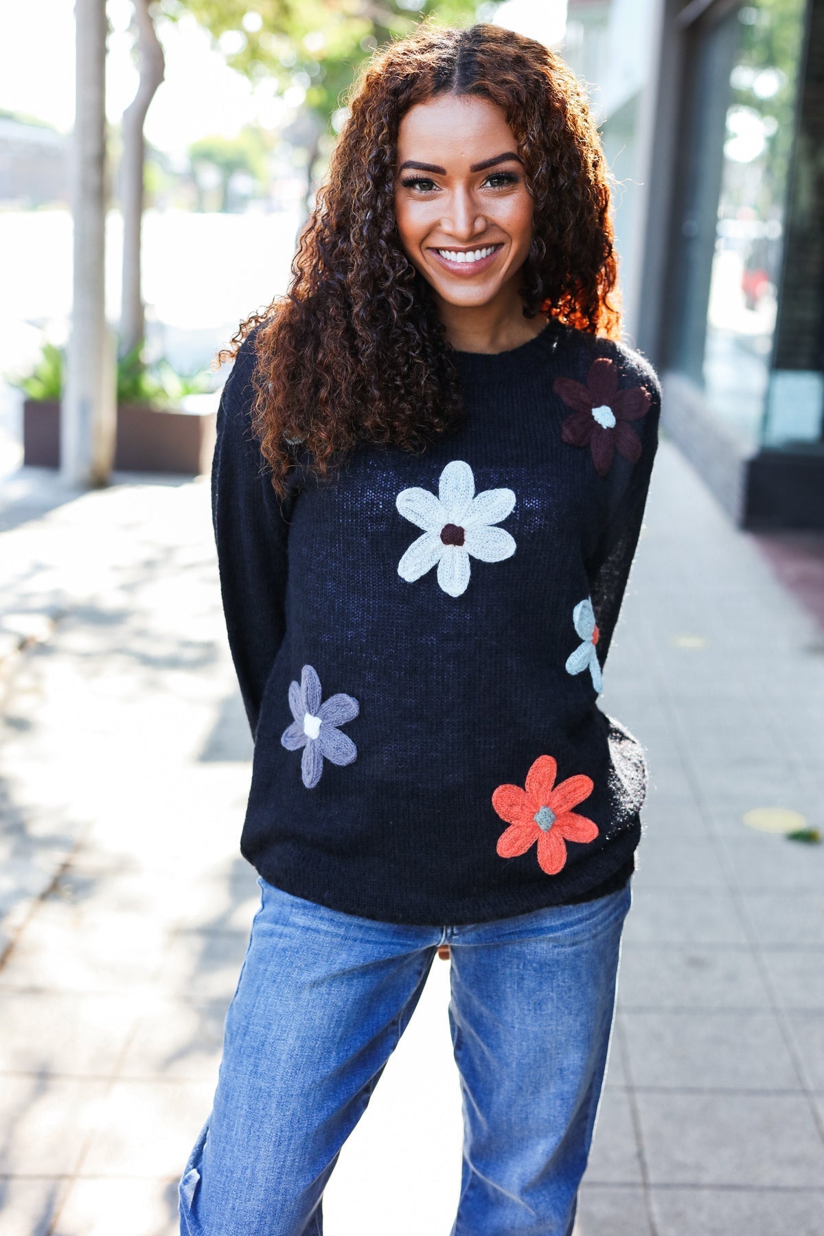 Luisa® | Eyes On You oversized knit sweater with floral patch in black