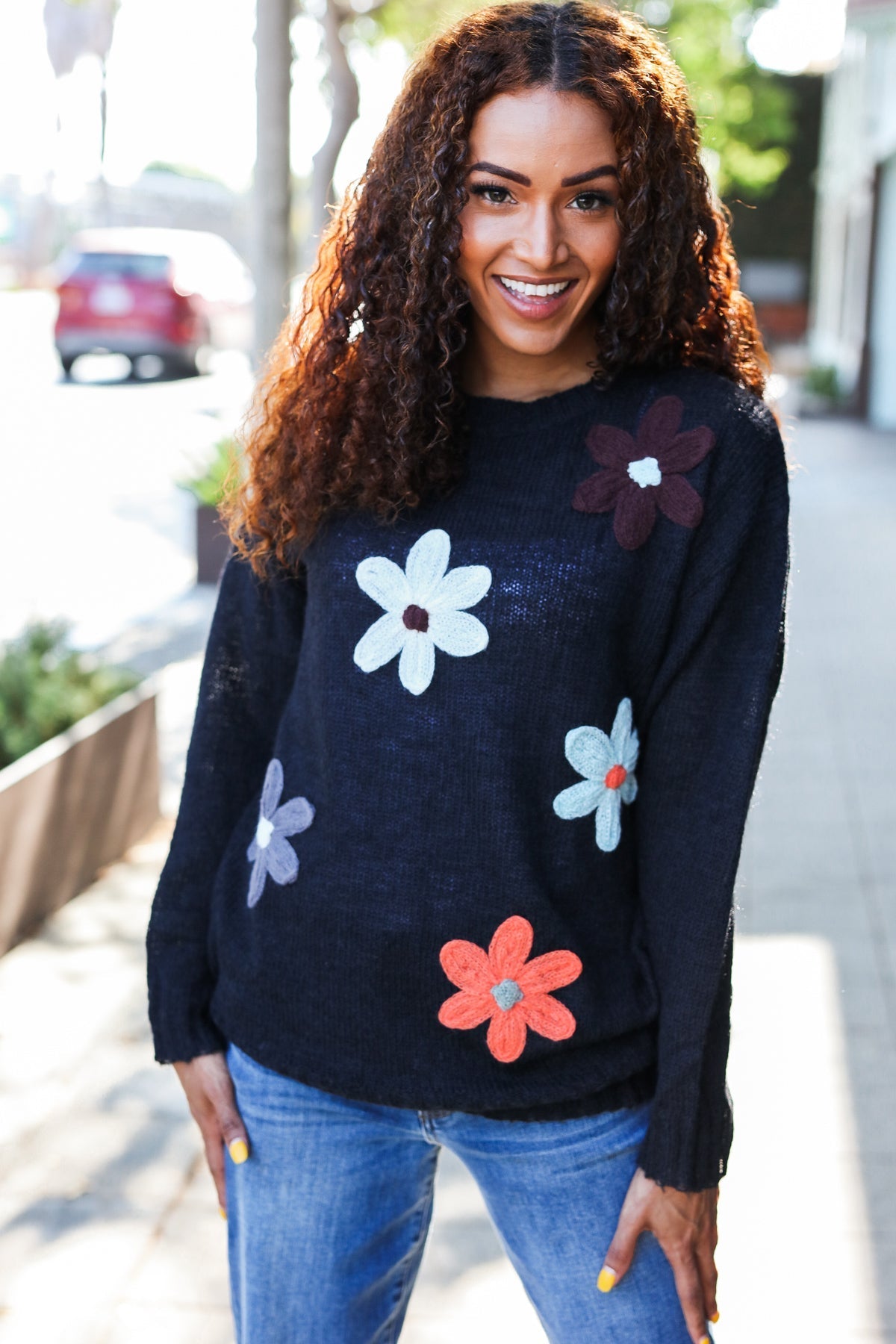 Luisa® | Eyes On You oversized knit sweater with floral patch in black