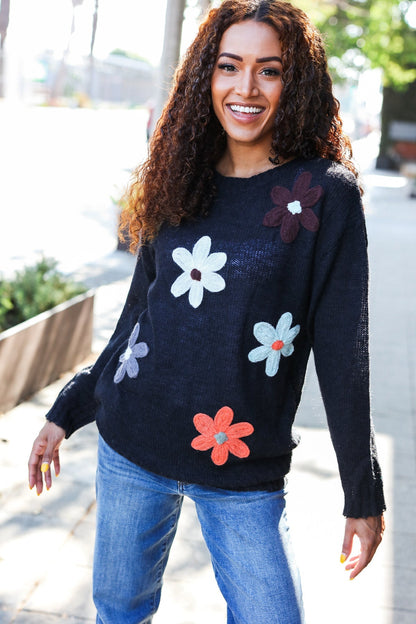 Luisa® | Eyes On You oversized knit sweater with floral patch in black