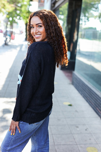 Luisa® | Eyes On You oversized knit sweater with floral patch in black