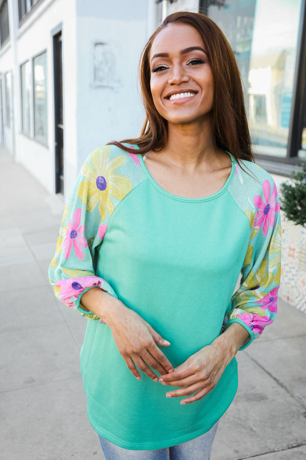 Sabina® | Flower Power Mint French Terry floral print color block sweater