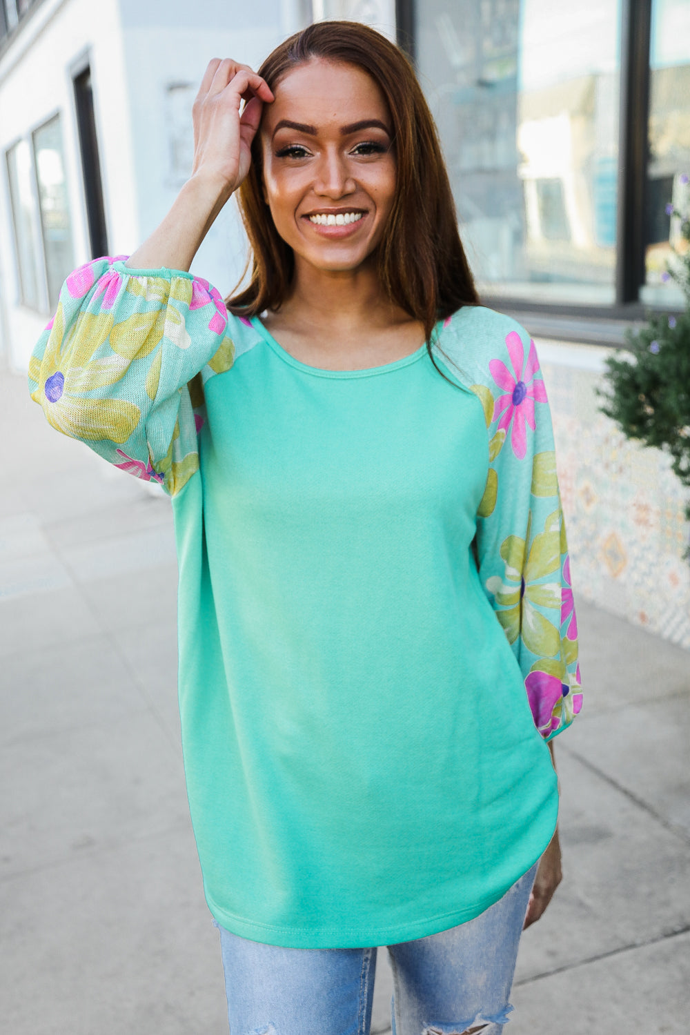 Sabina® | Flower Power Mint French Terry floral print color block sweater
