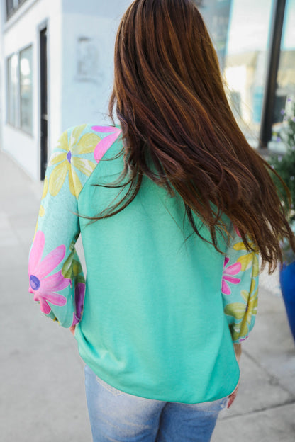Sabina® | Flower Power Mint French Terry floral print color block sweater