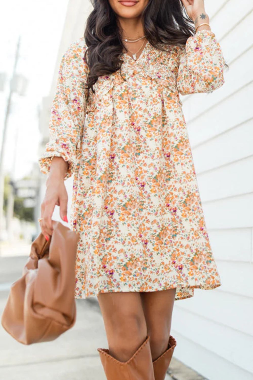 Hana® | Printed mini dress with V-neck and balloon sleeves
