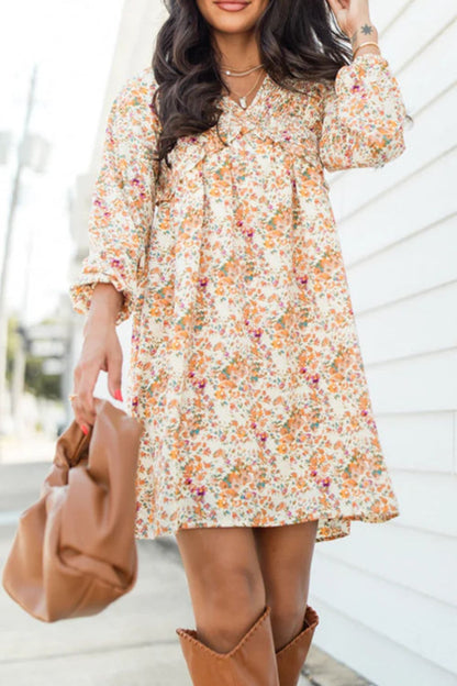 Hana® | Printed mini dress with V-neck and balloon sleeves