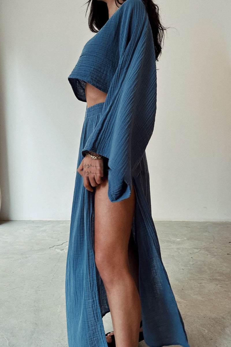 Adela® | Casual solid color long sleeve two-piece suit with slit and O-neck