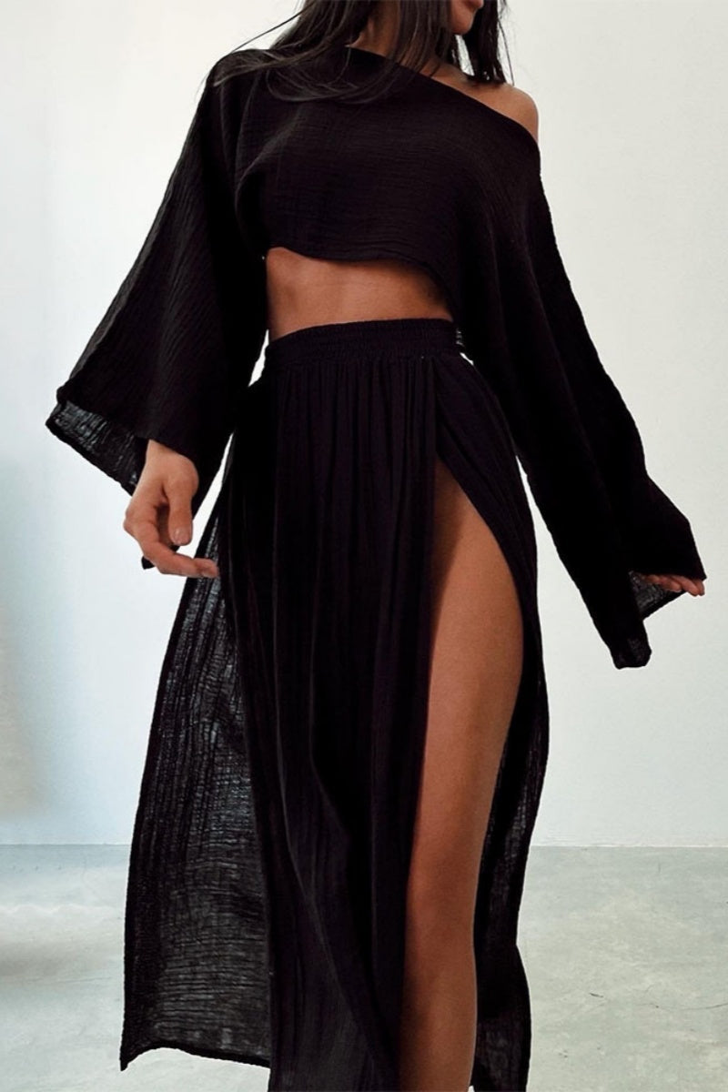 Adela® | Casual solid color long sleeve two-piece suit with slit and O-neck