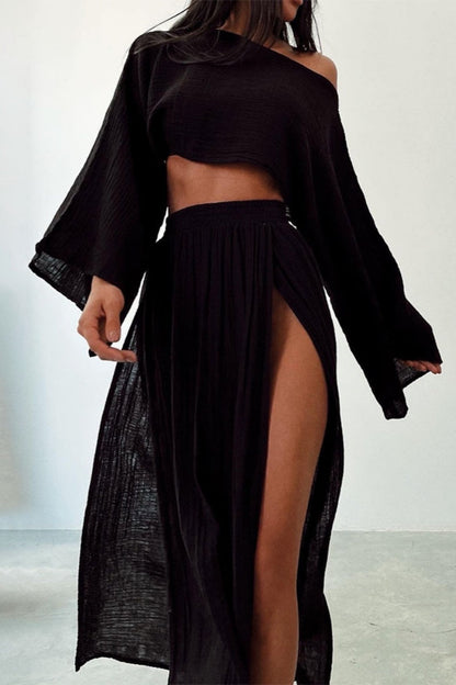 Adela® | Casual solid color long sleeve two-piece suit with slit and O-neck