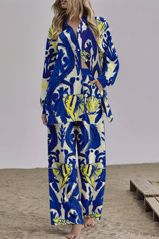 Lilian® | Casual geometric non-positioning printed pocket, turn-down collar, long sleeves, two-piece