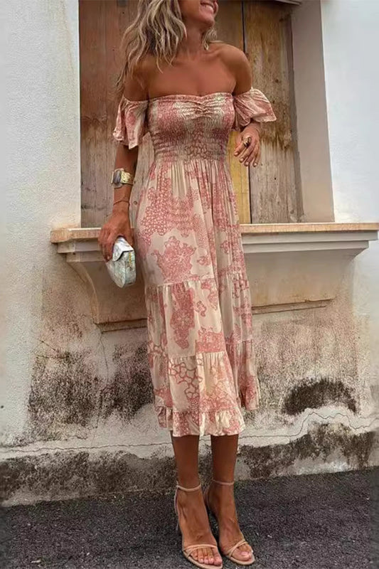 Abigail® | Sexy floral print off shoulder cake skirt dresses with patchwork ruffles