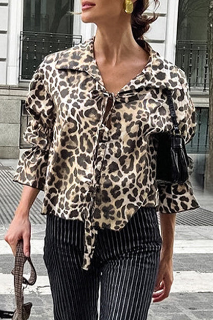 Britta® | Casual street blouses with leopard print and lace-up and turn-down collar