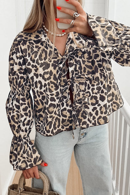 Britta® | Casual street blouses with leopard print and lace-up and turn-down collar