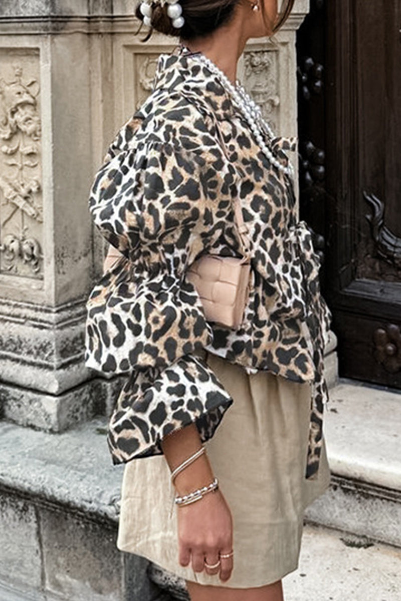 Britta® | Casual street blouses with leopard print and lace-up and turn-down collar