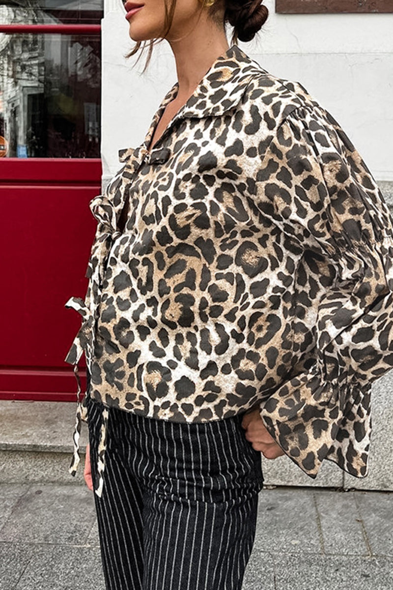 Britta® | Casual street blouses with leopard print and lace-up and turn-down collar