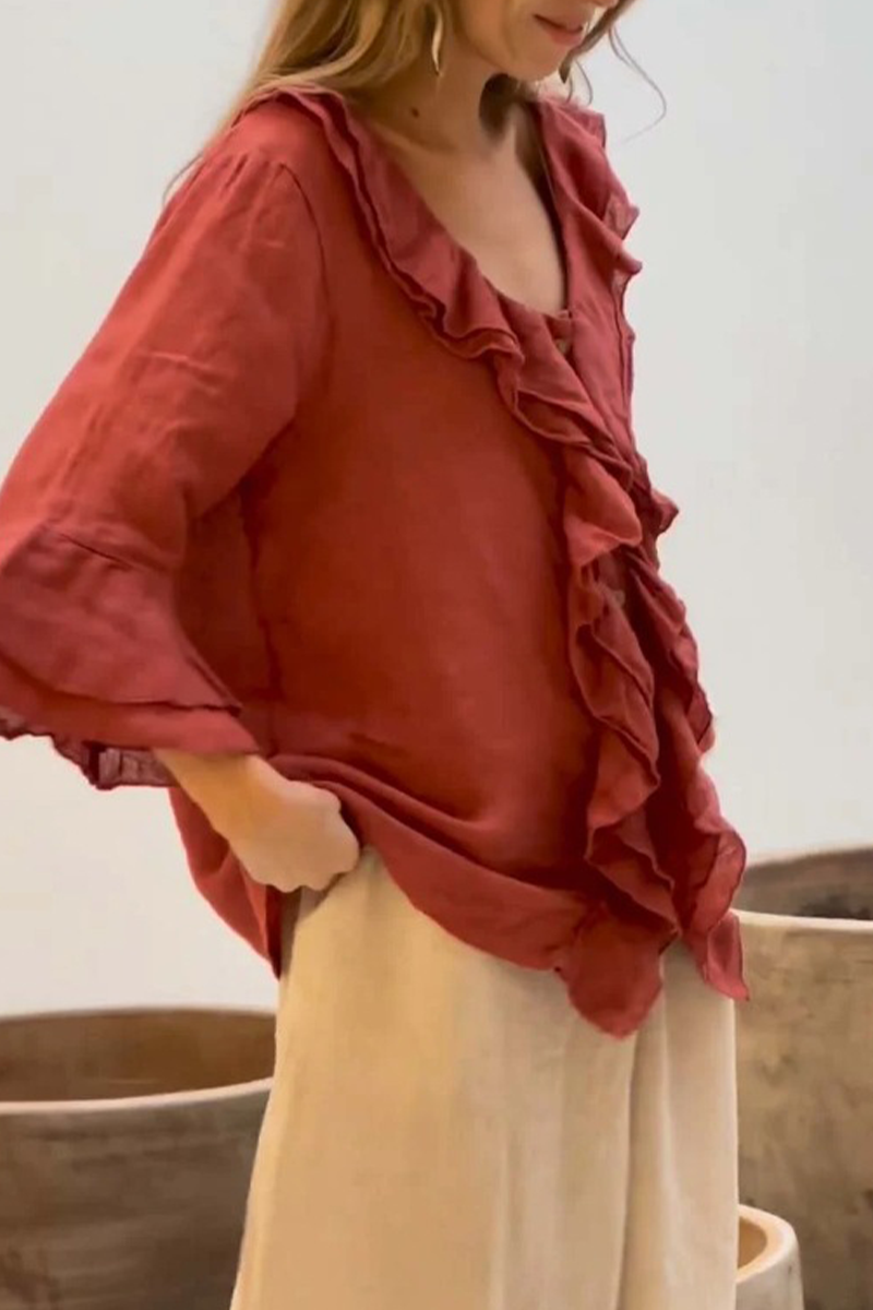 Edda® | Casual solid color blouses with ruffles and V-neck for everyday wear