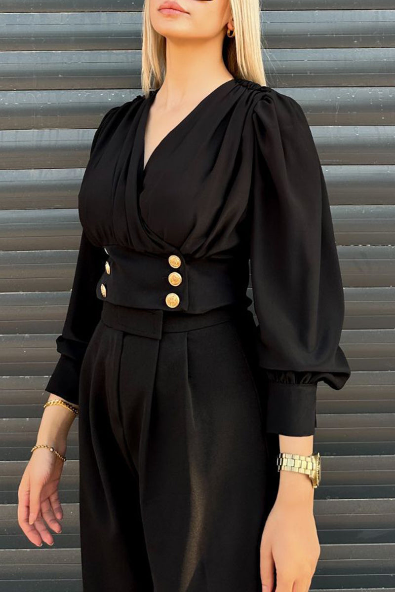 Adelaida® | Daily Elegant Solid Color Button Up V Neck Blouses (4 Colors)