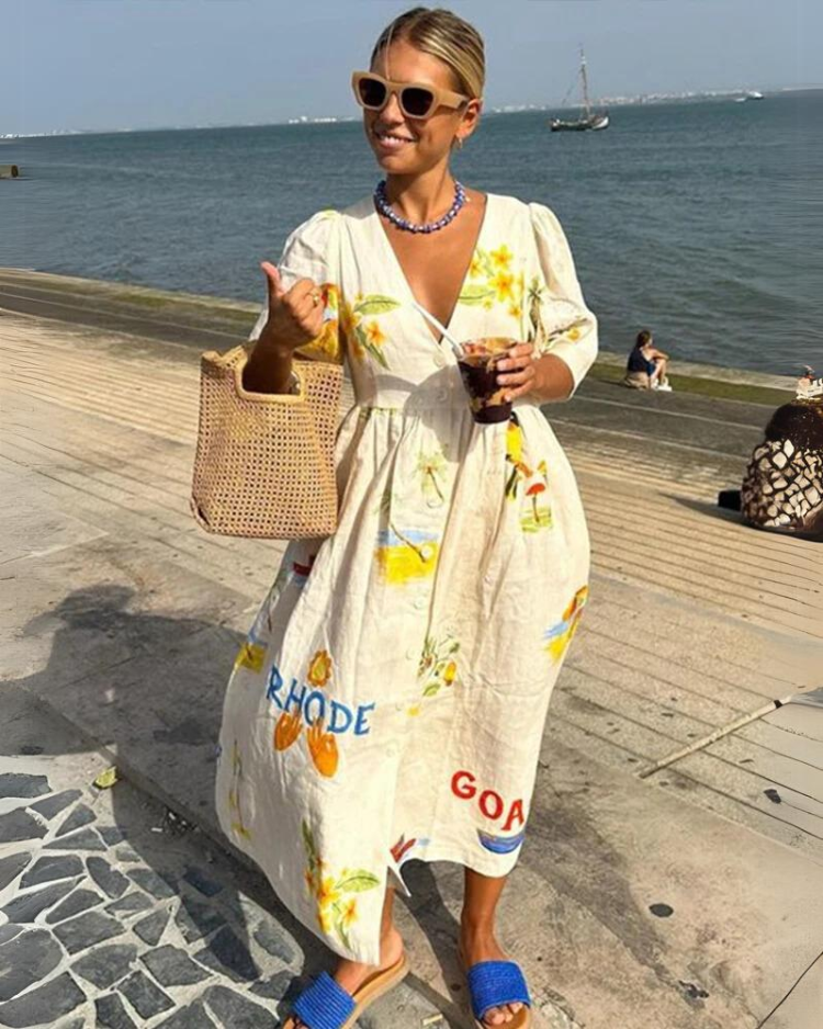 Addison® | Elegant Oversized V-Neck Dress For Women In Beige