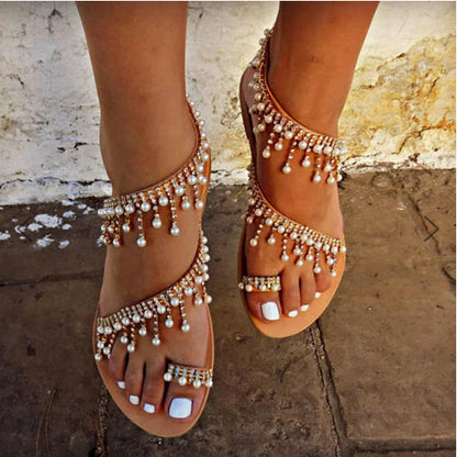 Pia® | Sandals Flat Pearl Comfortable String Beaded Slippers