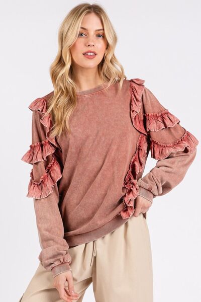 Adelaida® | Ruched, mineral-washed long-sleeve crew neck sweatshirt