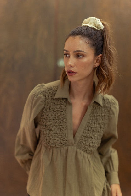 Addison® | Long-sleeved babydoll blouse with a smocked front