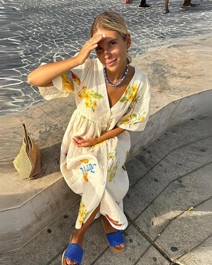 Addison® | Elegant Oversized V-Neck Dress For Women In Beige