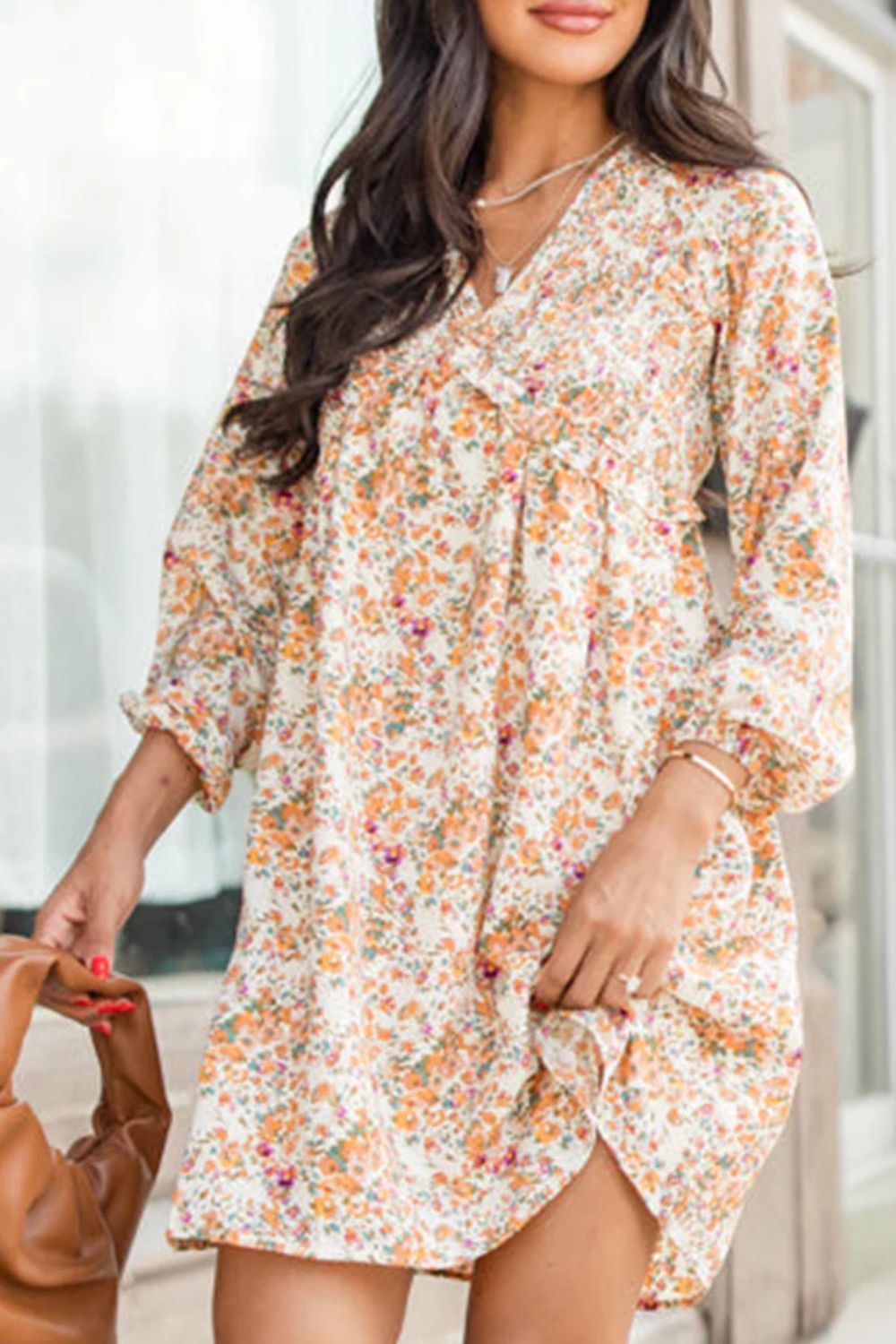 Hana® | Printed mini dress with V-neck and balloon sleeves
