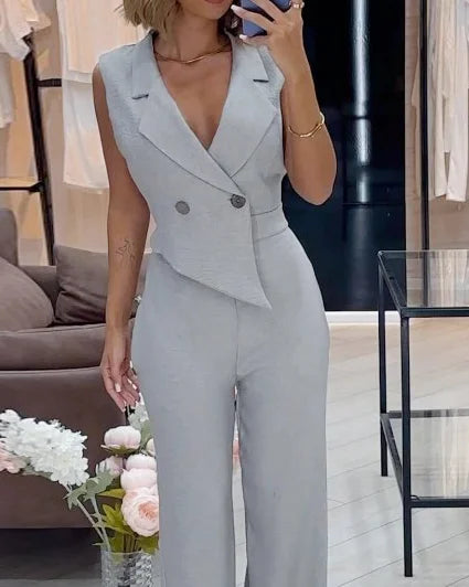 Adelaida® | Jumpsuit with lapel collar in plain colour