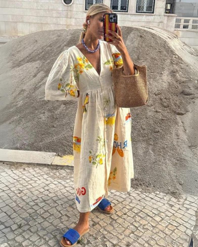 Addison® | Elegant Oversized V-Neck Dress For Women In Beige