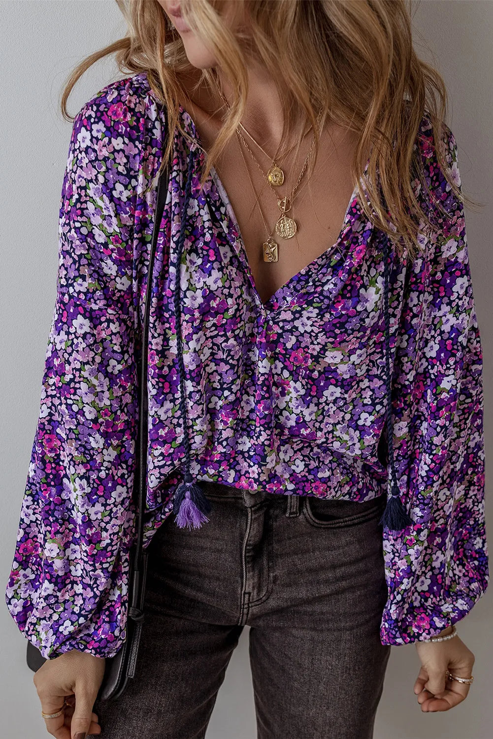 Anneliese® | Long-sleeved blouse with floral pattern and tie collar