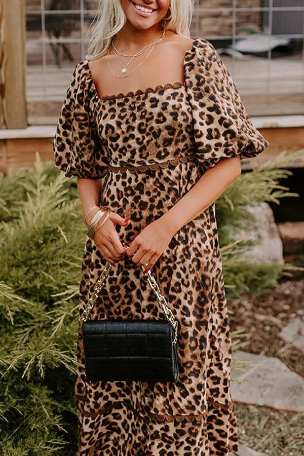 Abigail® | Brown leopard print ricrac puff sleeve maxi dress
