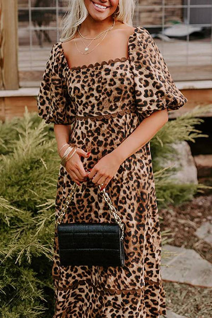 Abigail® | Brown leopard print ricrac puff sleeve maxi dress