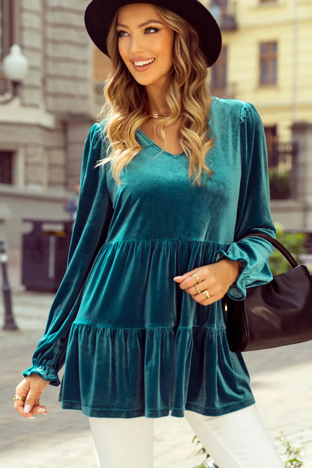 Beata® | Peplum blouse with V-neck and flounced sleeves