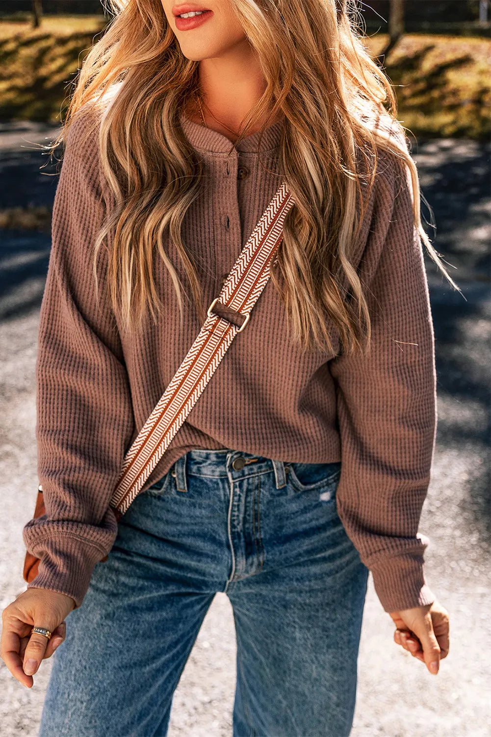 Annabelle® | Waffle knit long sleeve blouse with a crew neck