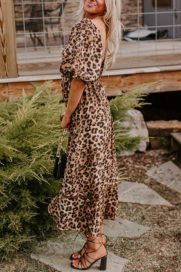 Abigail® | Brown leopard print ricrac puff sleeve maxi dress