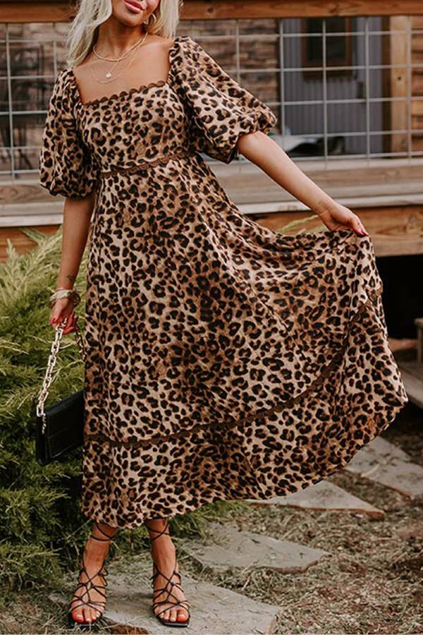 Abigail® | Brown leopard print ricrac puff sleeve maxi dress