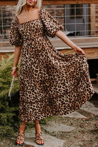 Abigail® | Brown leopard print ricrac puff sleeve maxi dress