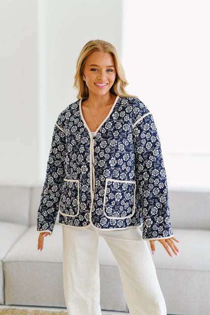 Abigail® | Printed Quilted Jacket Navy/Cream