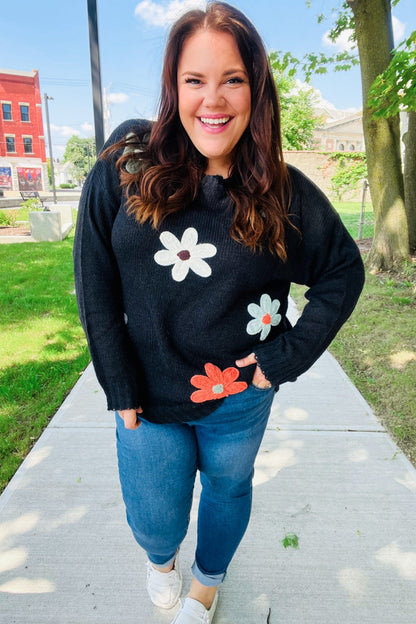Luisa® | Eyes On You oversized knit sweater with floral patch in black